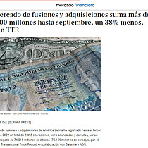 El mercado de fusiones y adquisiciones suma ms de 75.000 millones hasta septiembre, un 38% menos, segn TTR